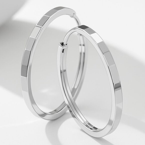 S925 Sterling Silver Hoop Earrings with Square Engraving, 29mm Minimalist Polish - Picture 4 of 5